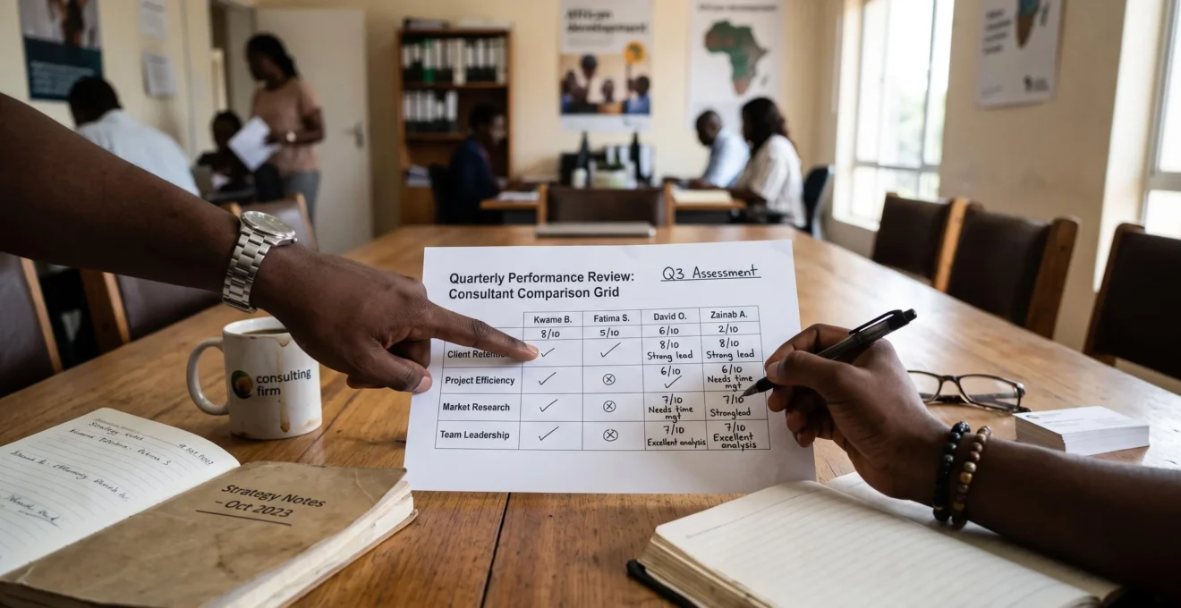 Two professionals compare a printed grid of selection criteria.