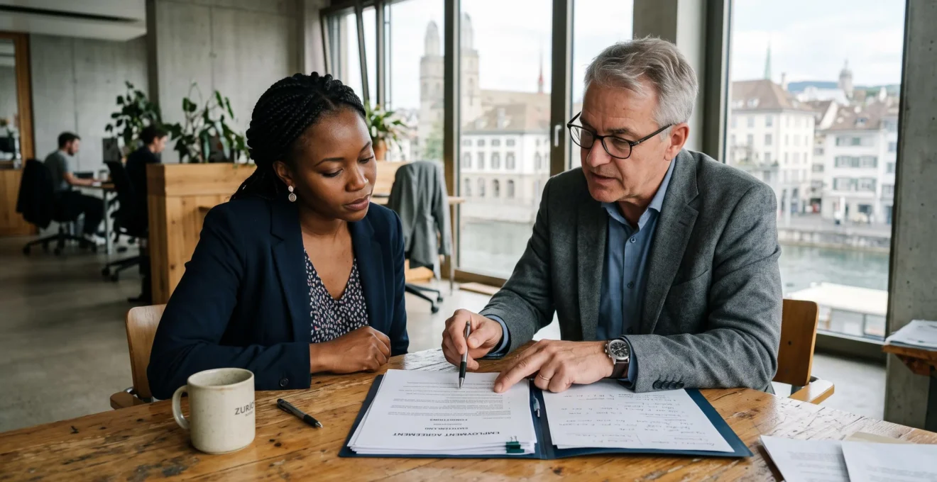 A consultant explains an employment contract to a foreign employer in a Swiss office.