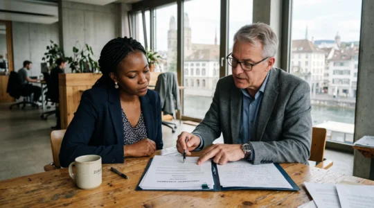 A consultant explains an employment contract to a foreign employer in a Swiss office.