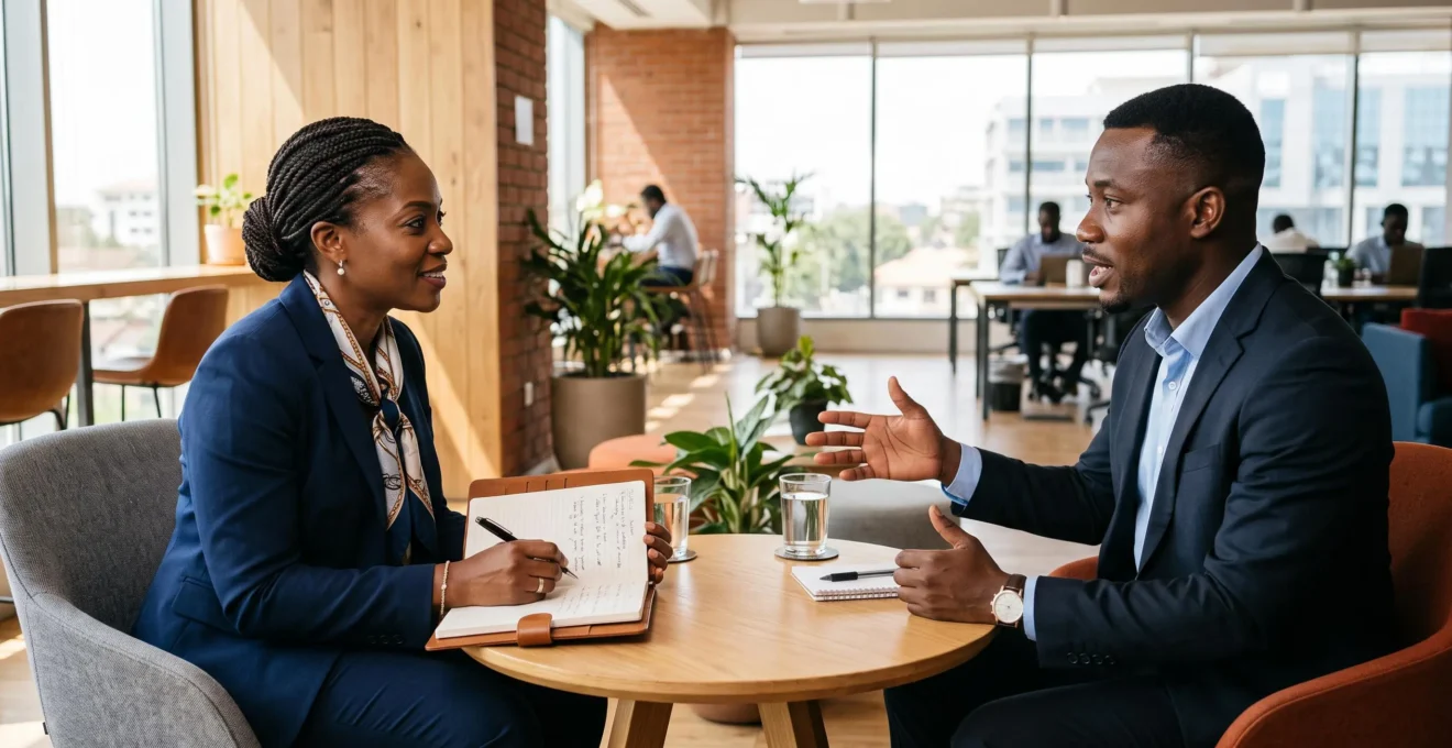 A search consultant interviews a senior candidate in a bright lounge.