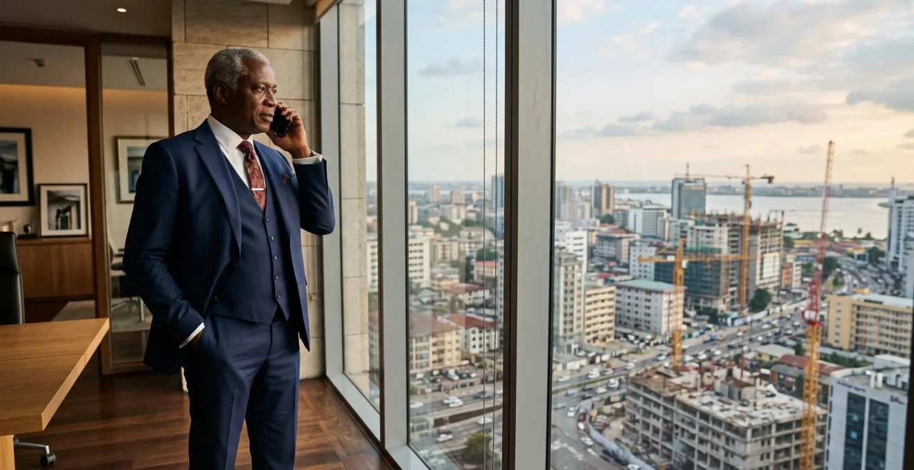 African executive on a phone call in a high-rise office overlooking a city skyline.