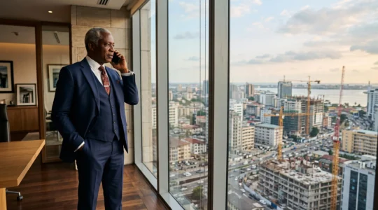African executive on a phone call in a high-rise office overlooking a city skyline.