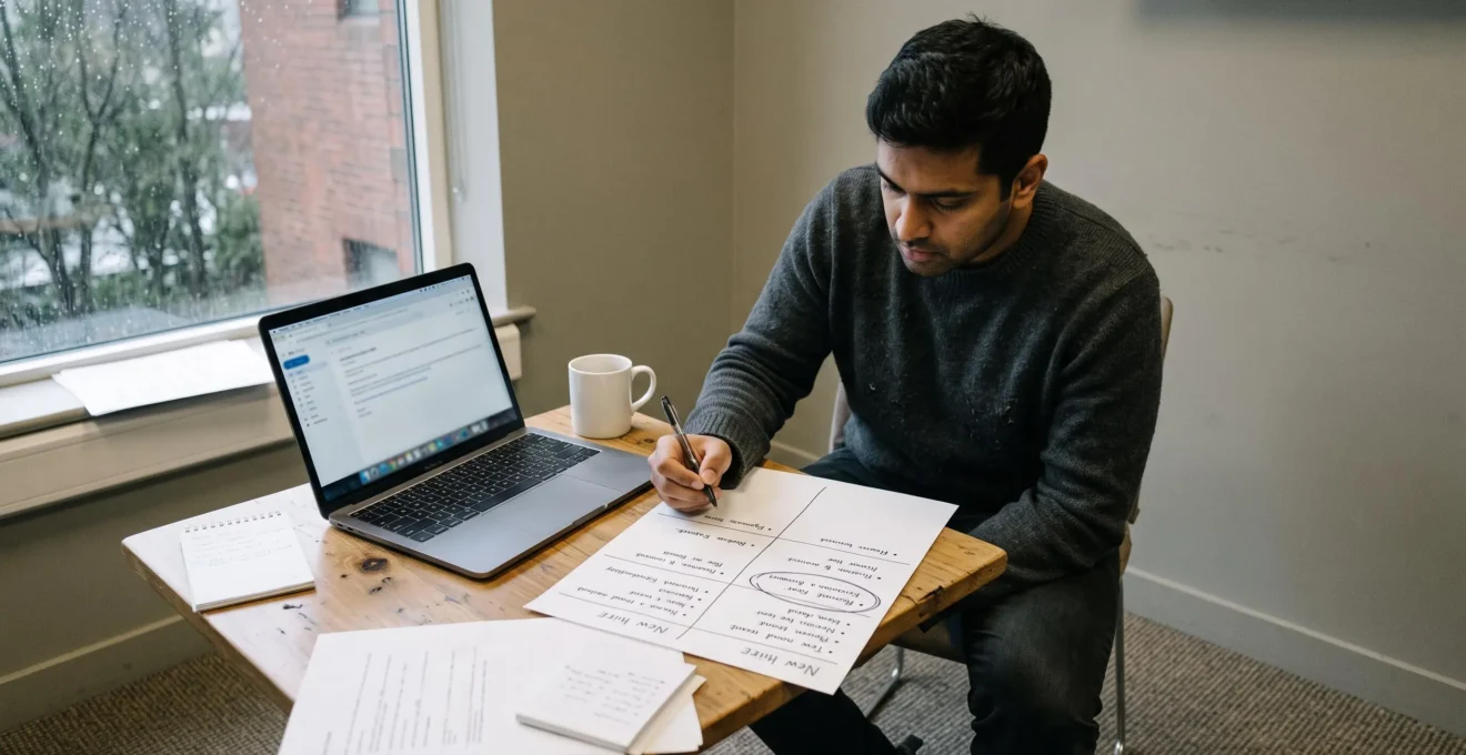 A founder compares hiring options on a printed decision grid.