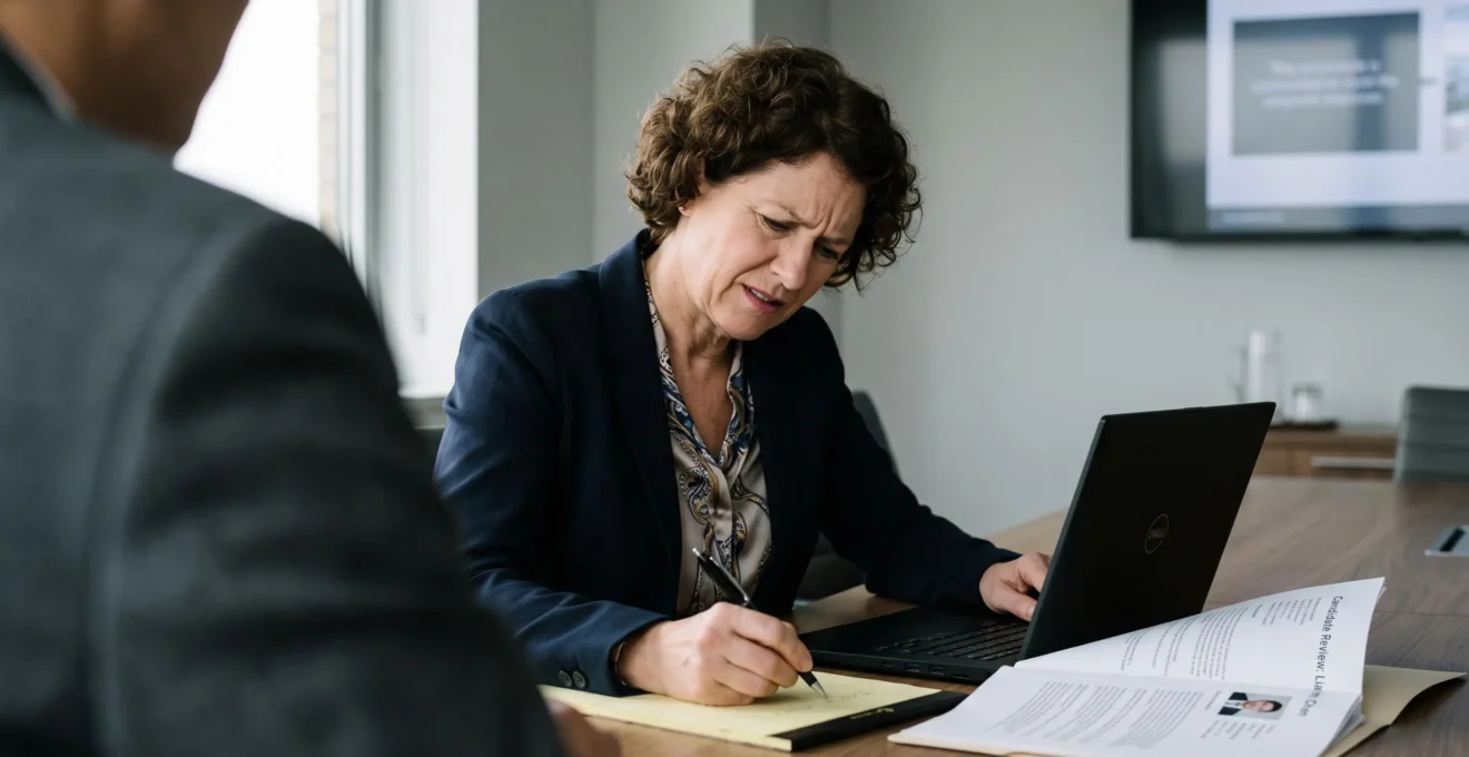 An HR director reviews a candidate file alone in a meeting room.