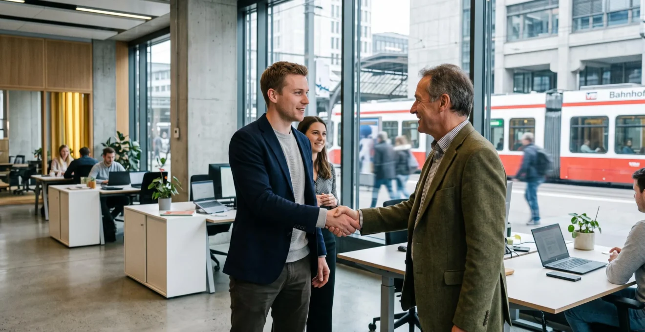 A manager shakes hands with a new employee in a bright office.