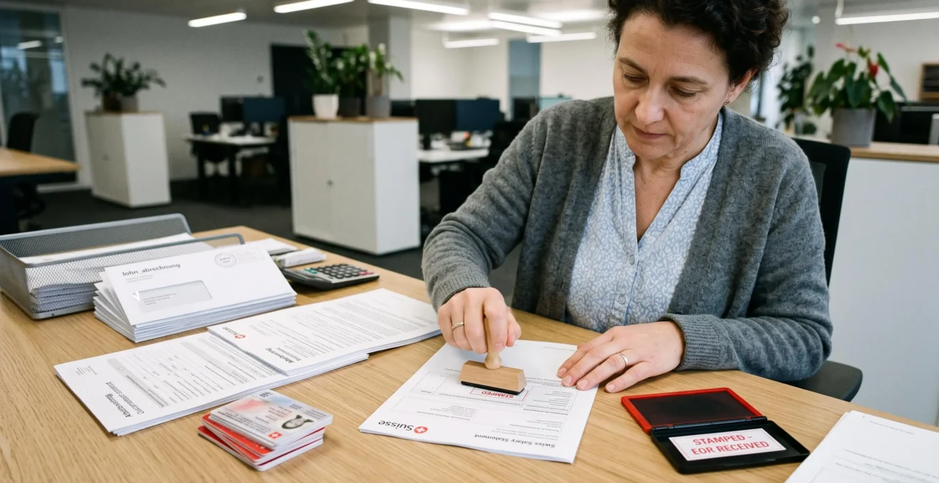 A payroll specialist stamps onboarding documents at an office desk.